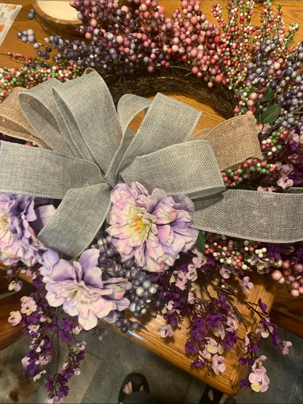 D,s. Handmade Lavender and Pink Berry Wreath with Gray Burlap Bow